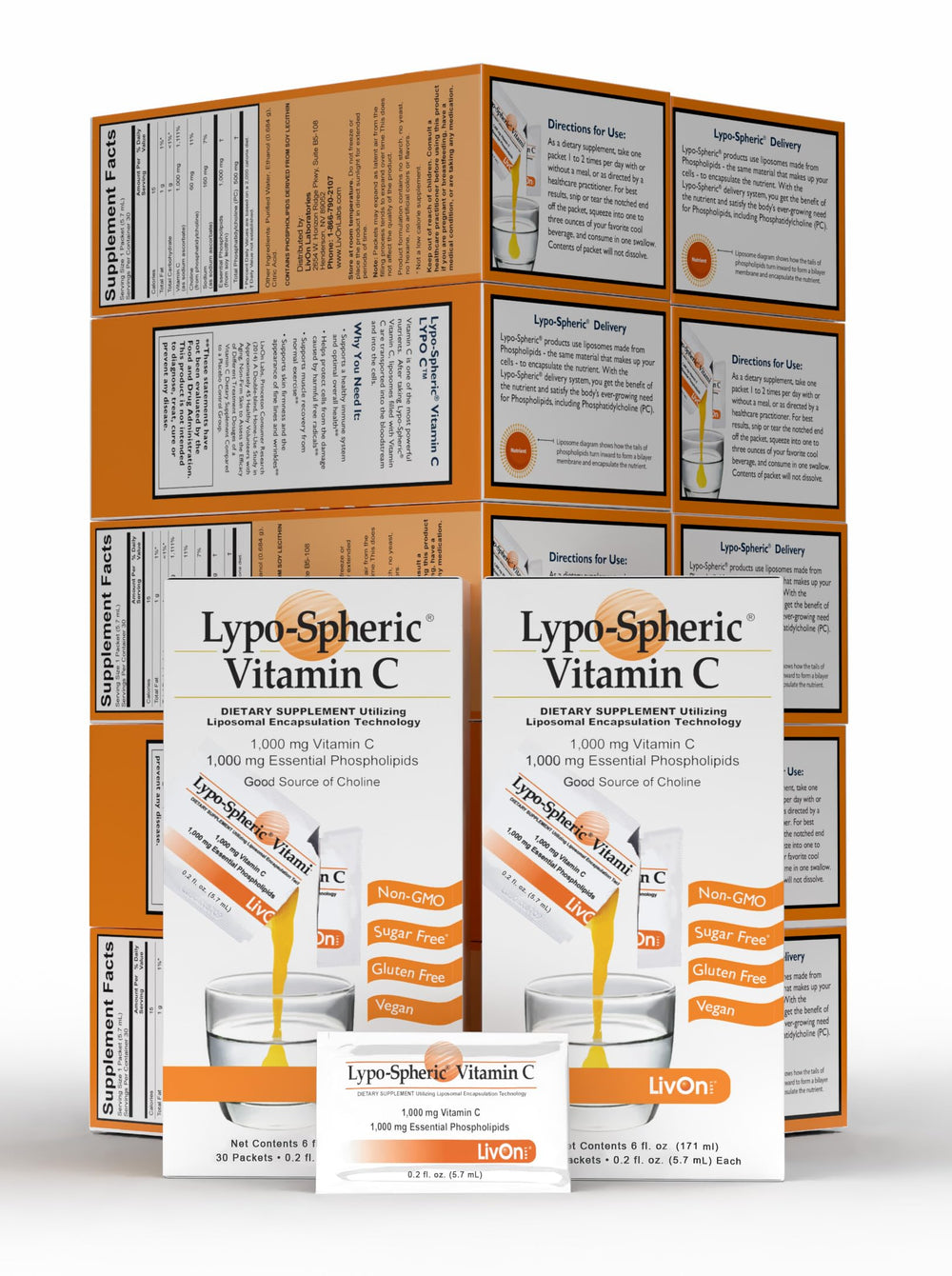 LivOn Liposomal C bottle label shows 1,000 mg C and 1,000 mg phospholipids for daily use