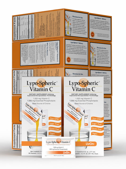 LivOn Liposomal C bottle label shows 1,000 mg C and 1,000 mg phospholipids for daily use