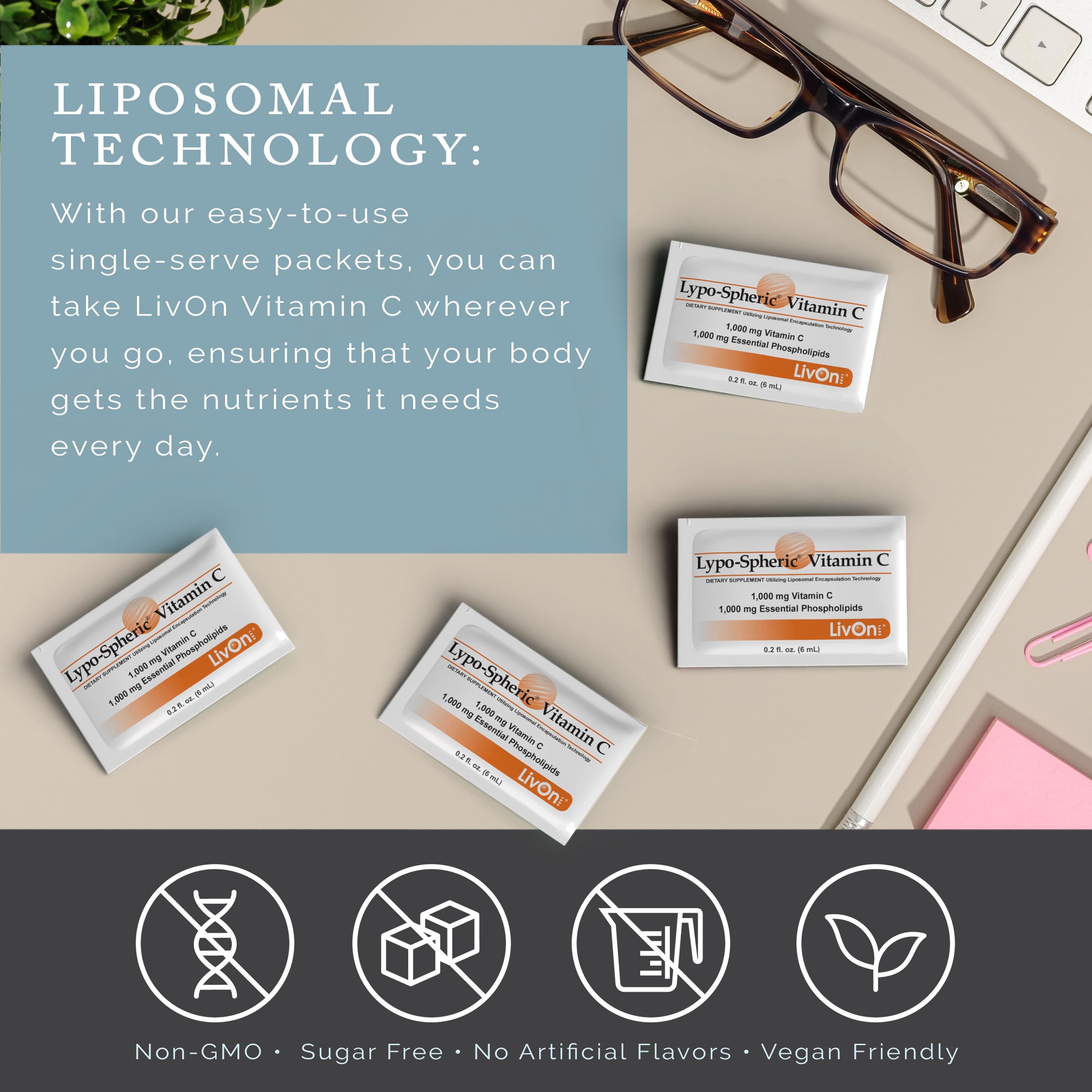 LivOn Liposomal Vitamin C 1000mg dispensed packet for daily immune support.