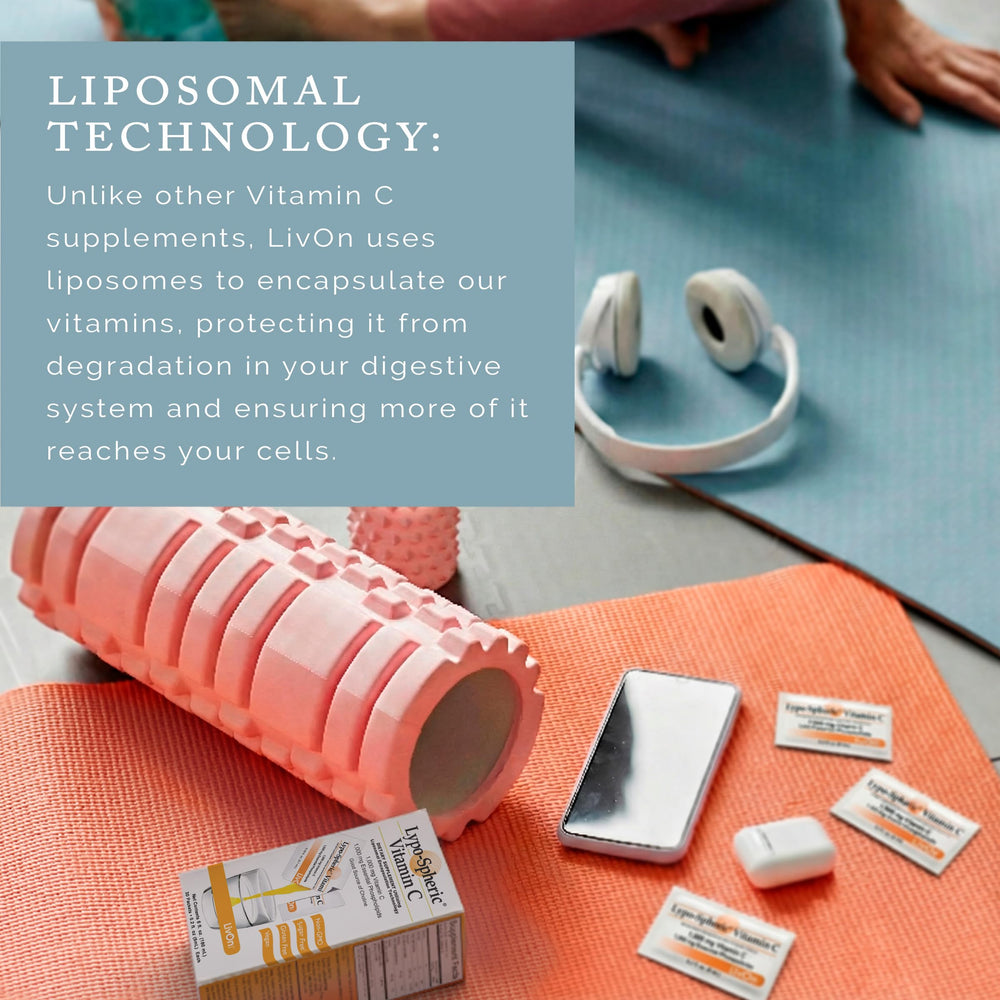 LivOn Liposomal Vitamin C 1000mg packet poured into water for quick intake.