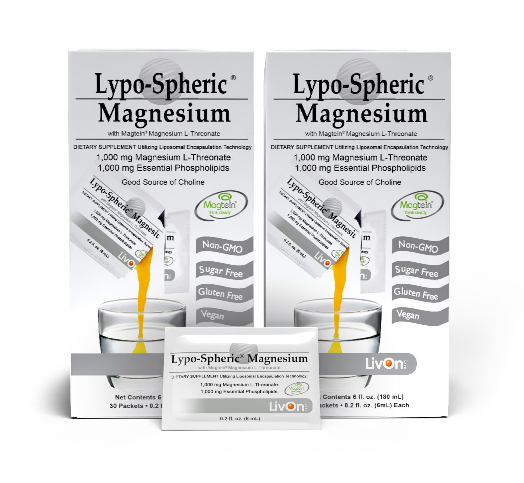 LivOn Lypo-Spheric Magnesium L-Threonate packet front for convenient daily use