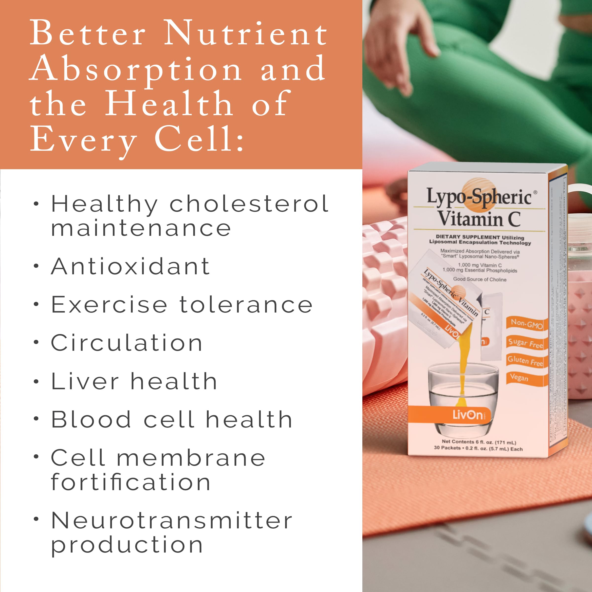 LivOn Lypo-Spheric Vitamin C liposome encapsulation for potential enhanced delivery.