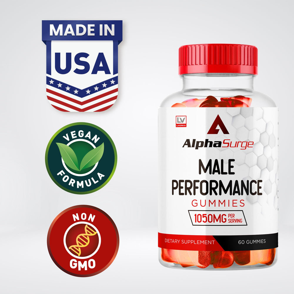 LIVORKA Alpha Surge gummies bottle side view highlighting vegan, non-GMO formula