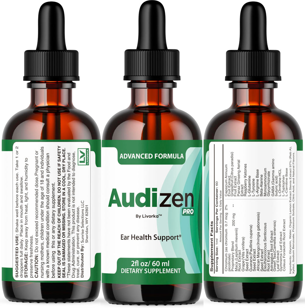 Three-month supply of Audizen Pro drops in branded packaging