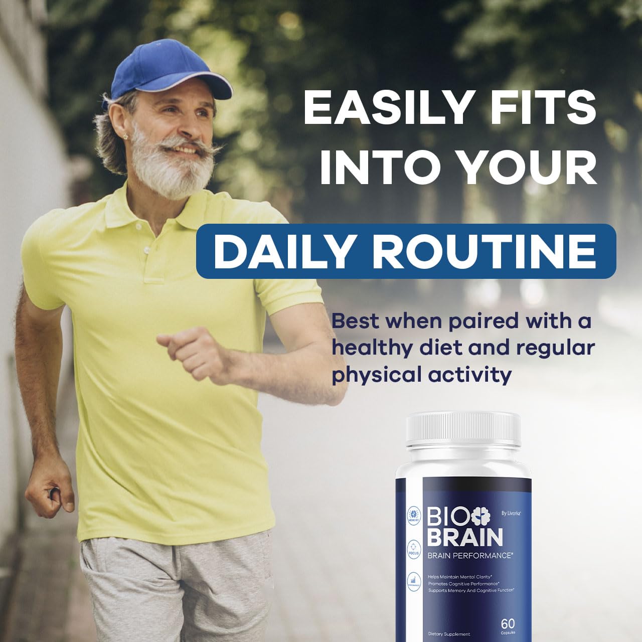 Cap on LIVORKA Bio Brain bottle indicating easy daily supplementation