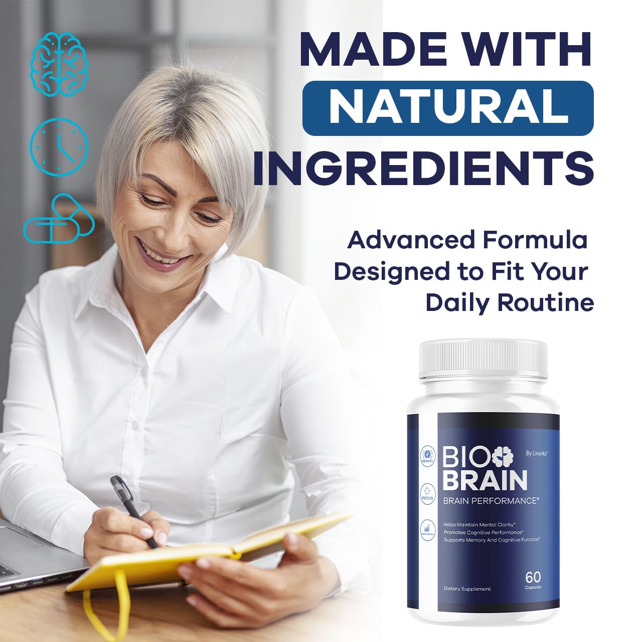 LIVORKA Bio Brain Capsules dosage scene emphasizes daily capsule count