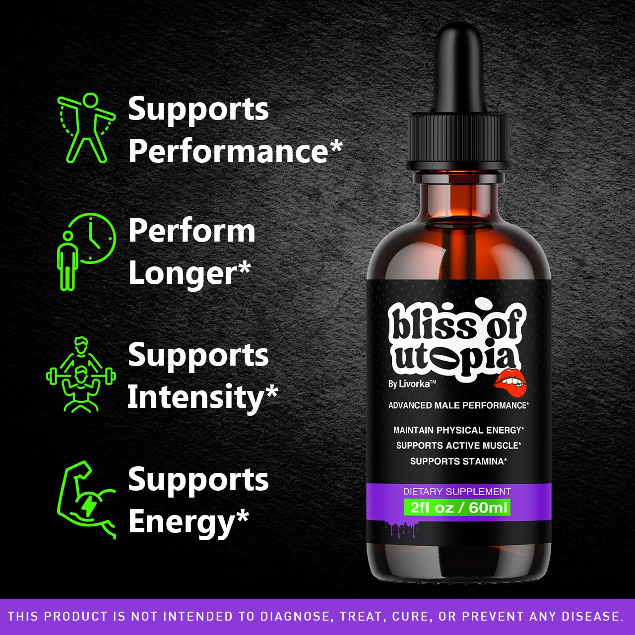 Livorka Bliss of Utopia Drops bottle side view highlighting premium formula for focus.