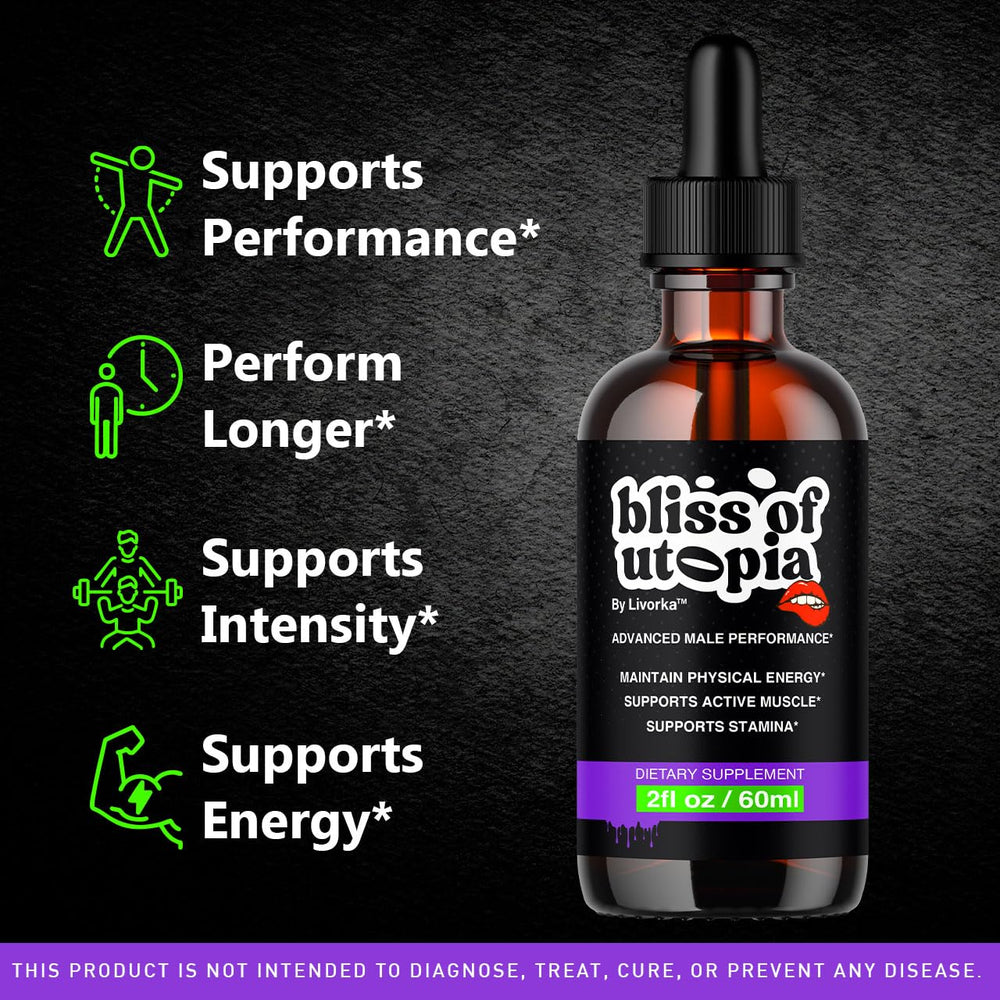 Livorka Bliss of Utopia Drops bottle side view highlighting premium formula for focus.