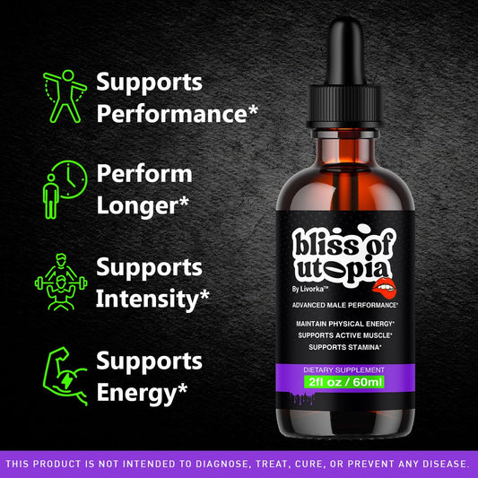 Livorka Bliss of Utopia Drops bottle side view highlighting premium formula for focus.