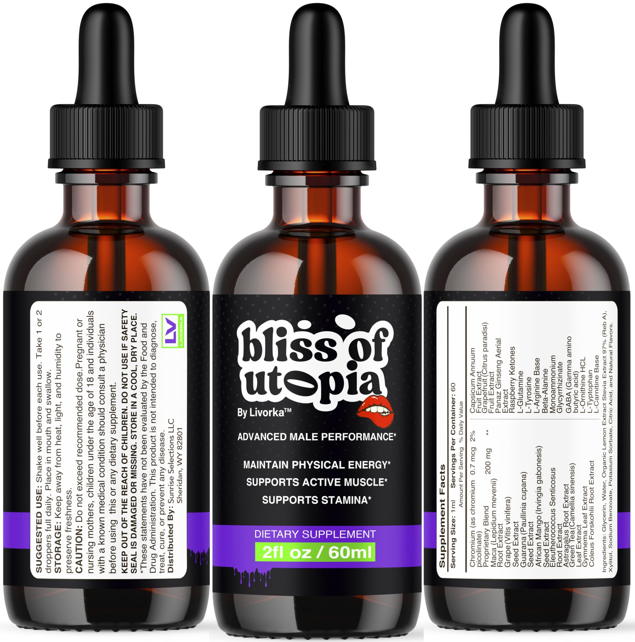 Livorka Bliss of Utopia Drops glass bottle gleaming in morning light.