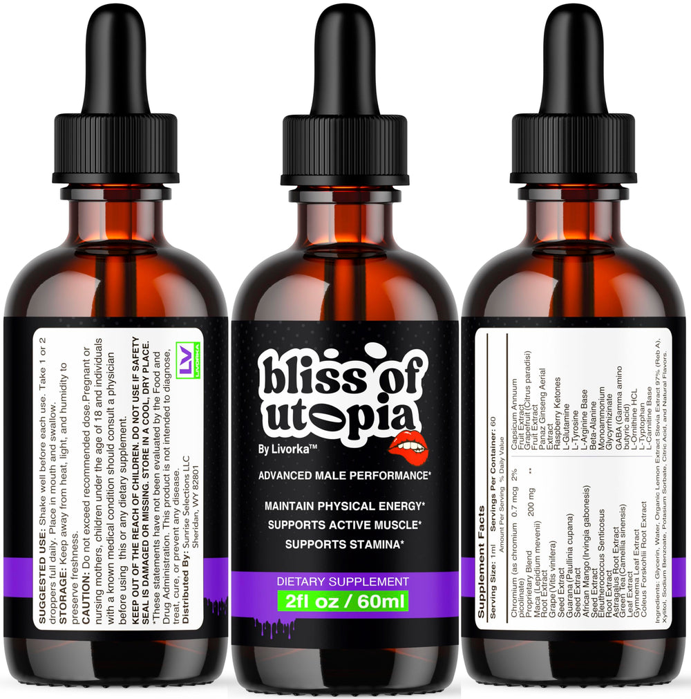 Livorka Bliss of Utopia Drops glass bottle gleaming in morning light.