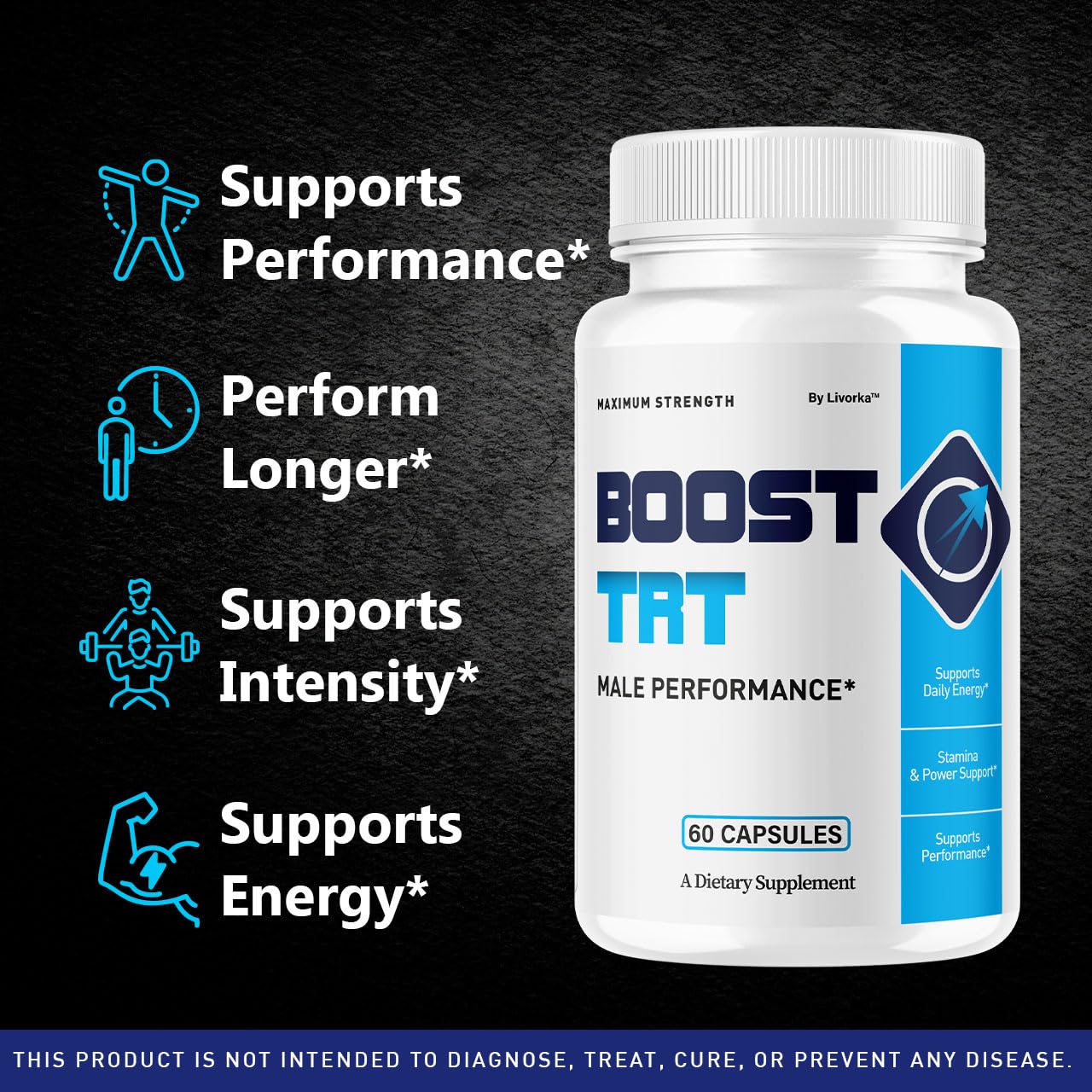 LIVORKA BoostTRT bottle side view highlights easy-to-take capsules.