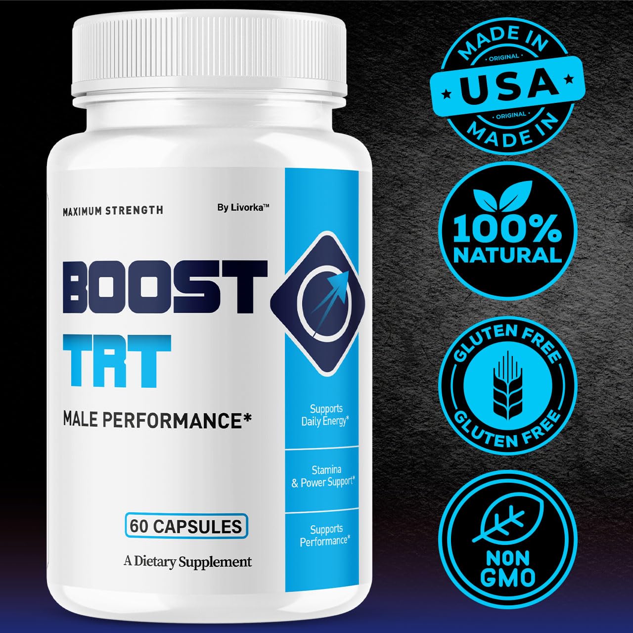 LIVORKA BoostTRT bottle shows serving-size cue for easy dosing.