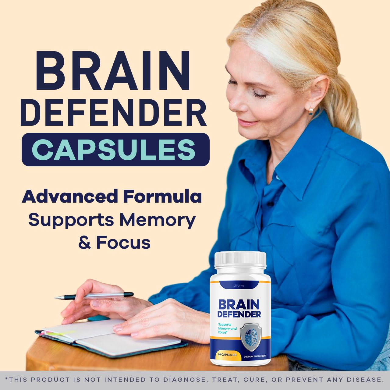 LIVORKA Brain Defender capsules closeup emphasizes easy to swallow daily use.