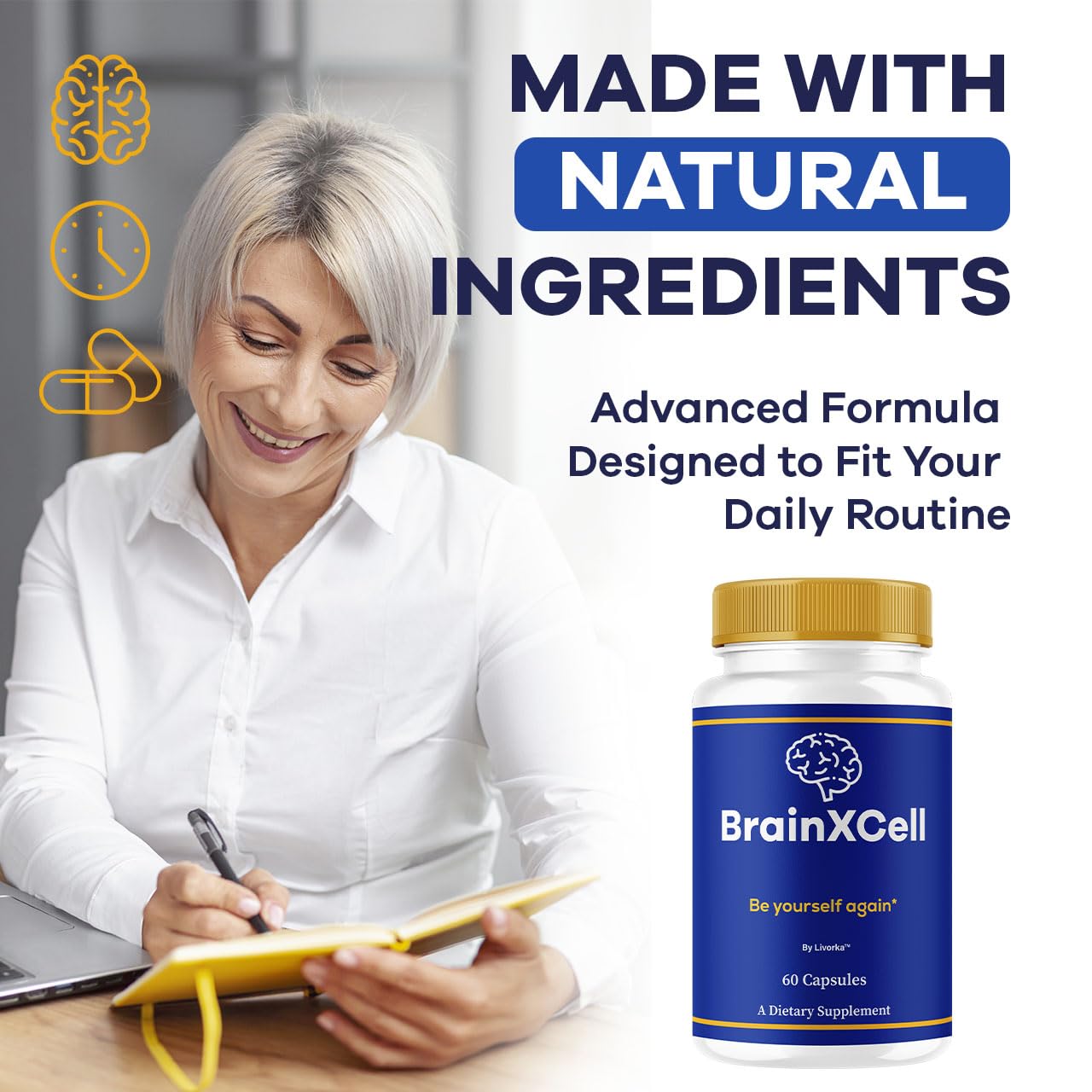 LIVORKA BrainXCell capsules closeup emphasizing easy-to-swallow design