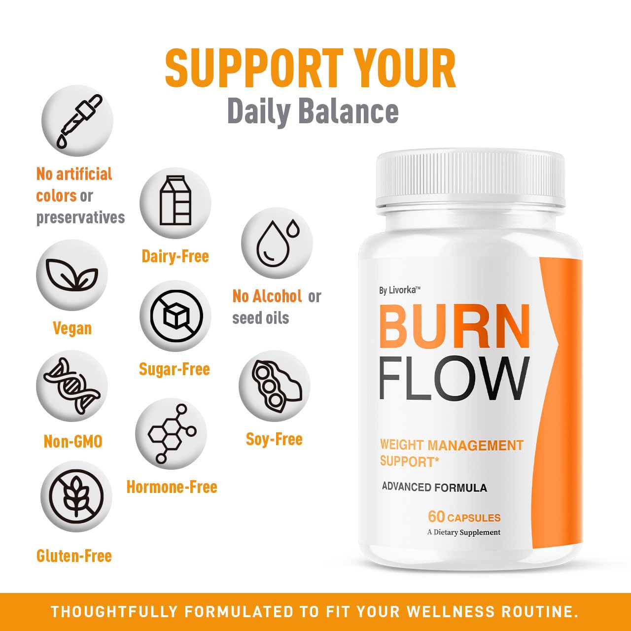 LIVORKA Burn Flow bottle pouring to illustrate easy daily use.