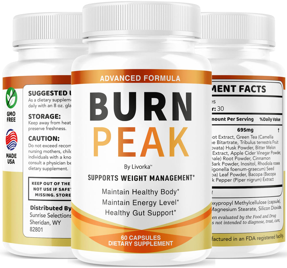 LIVORKA BurnPeak box highlighting advanced natural formula and premium quality badge.