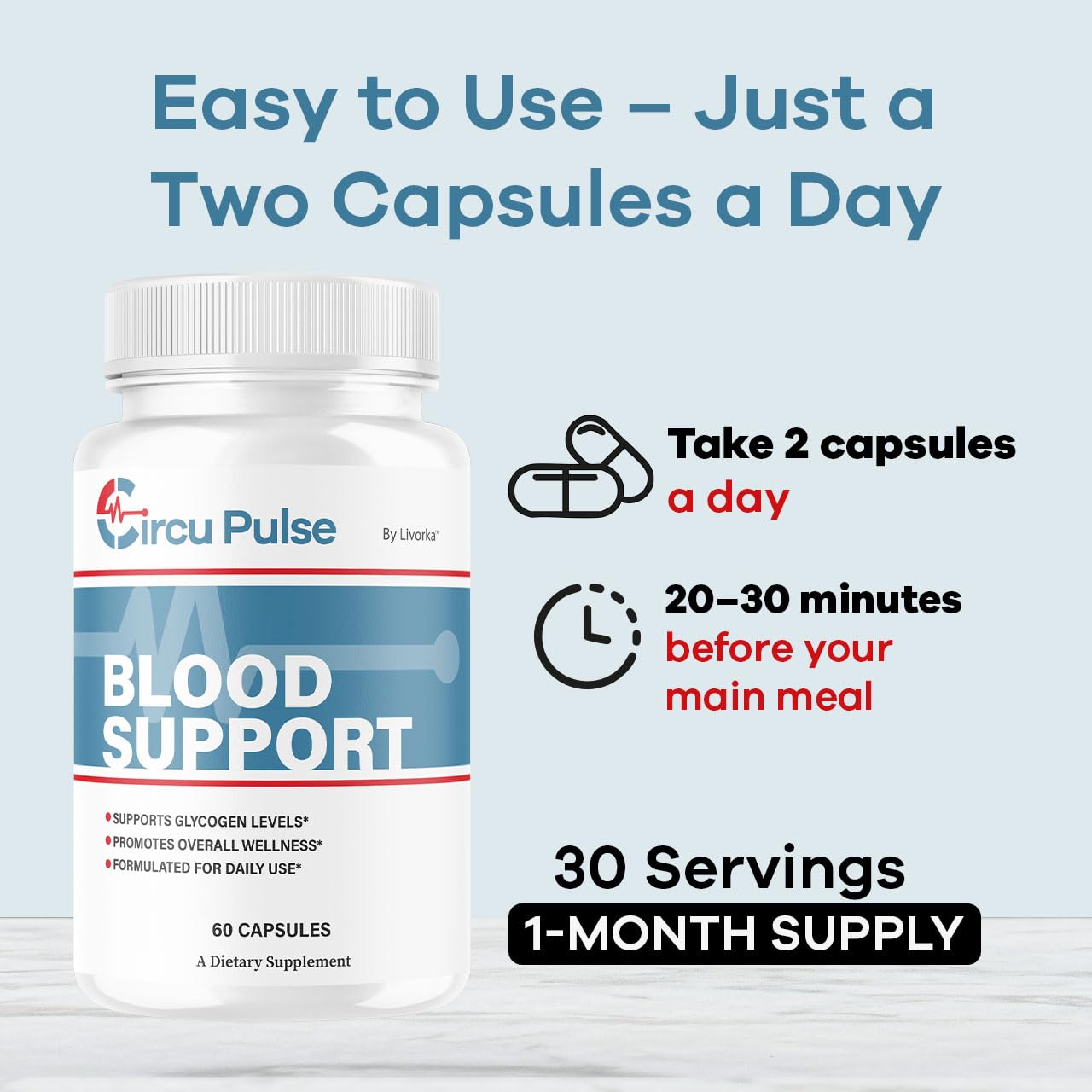 LIVORKA CircuPulse daily-dose visual with capsules in hand.