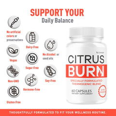 LIVORKA Citrus Burn nutrition label emphasizes premium multivitamin benefits for daily health.