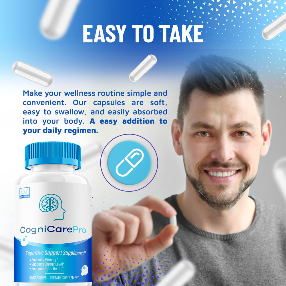 LIVORKA Cognicare Pro bottle back view with dosage and ingredients snapshot.
