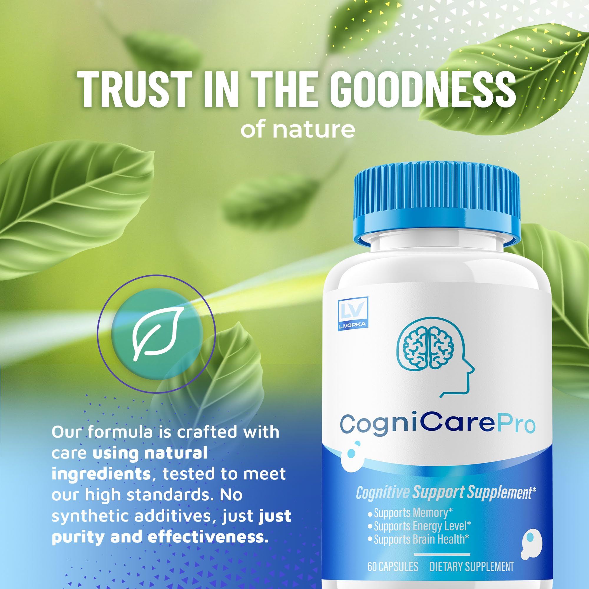 LIVORKA Cognicare Pro pills close-up highlights compact capsules for everyday use.