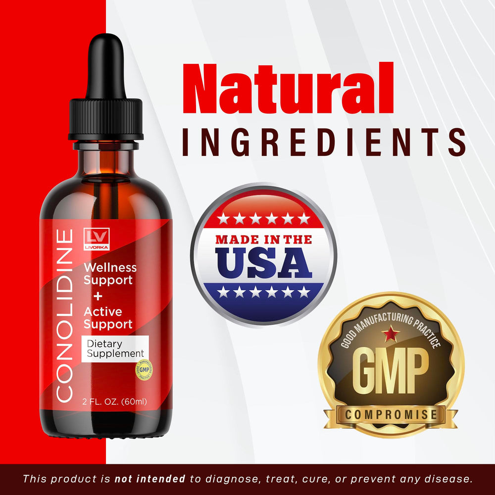 Amber liquid inside the LIVORKA Conolidine Drops bottle