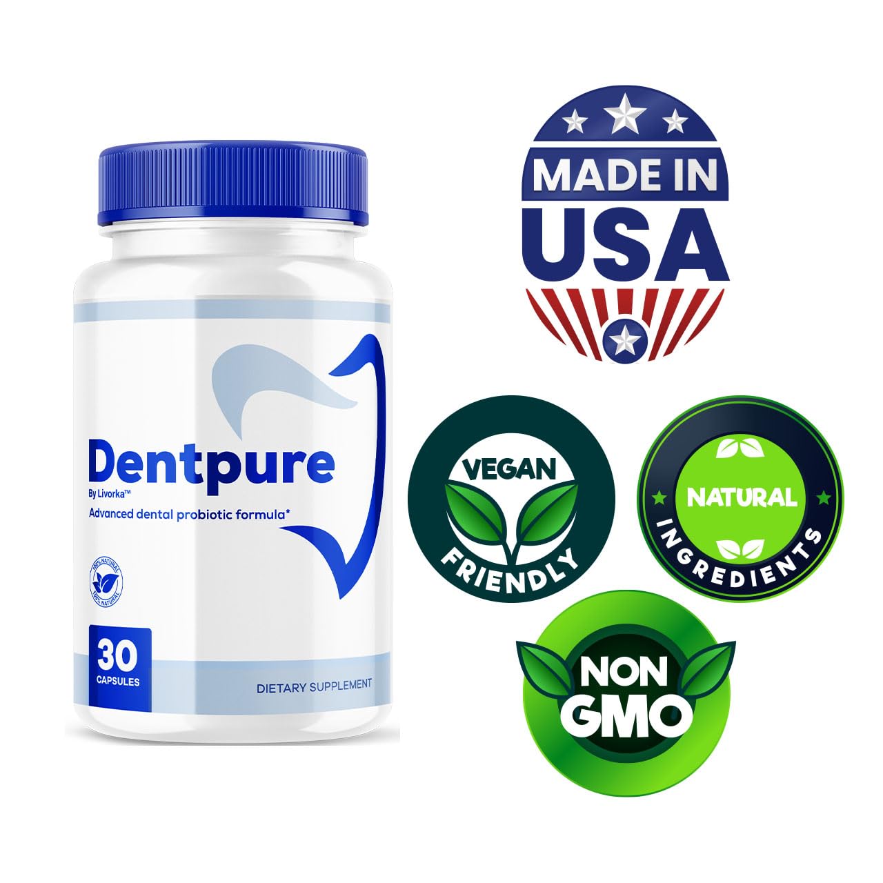 LIVORKA Dentpure Probiotics capsules close-up shows easy-to-swallow capsules
