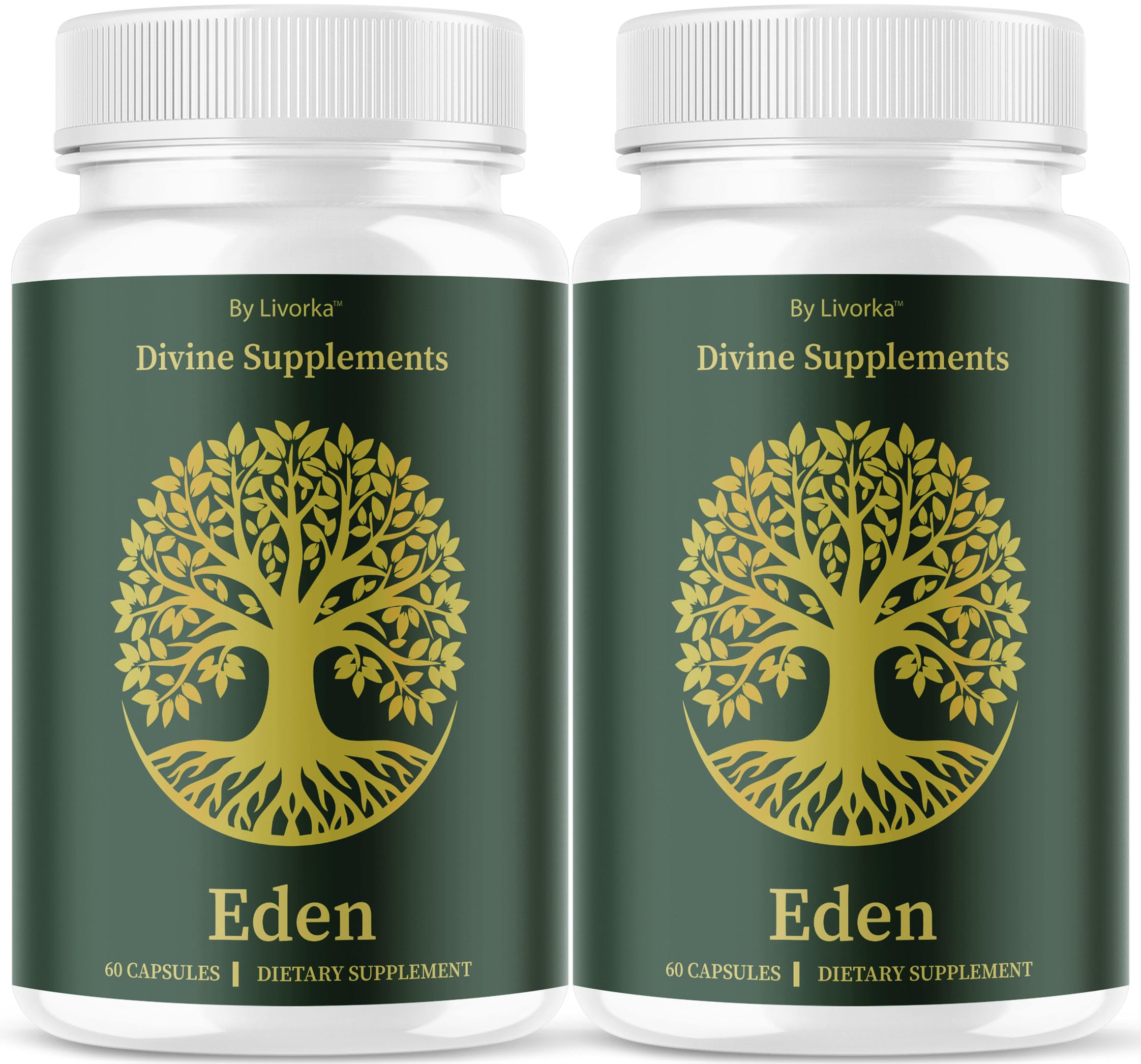 LIVORKA Eden Capsules bottle front promotes natural daily wellness.