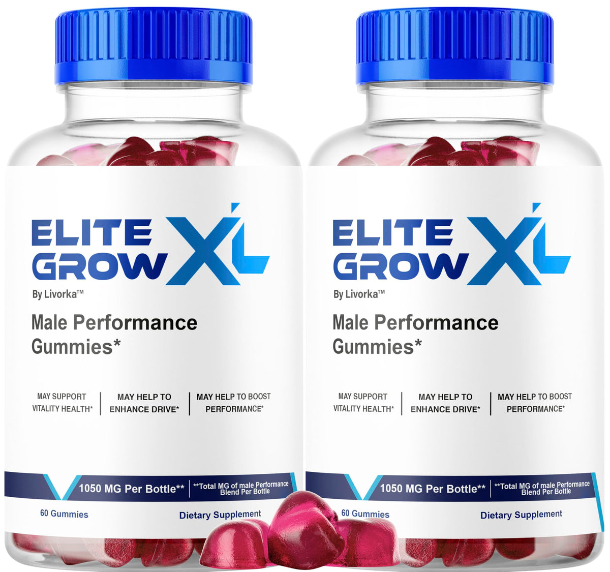 LIVORKA Elite Grow XL gummies bottle shown for daily energy support.