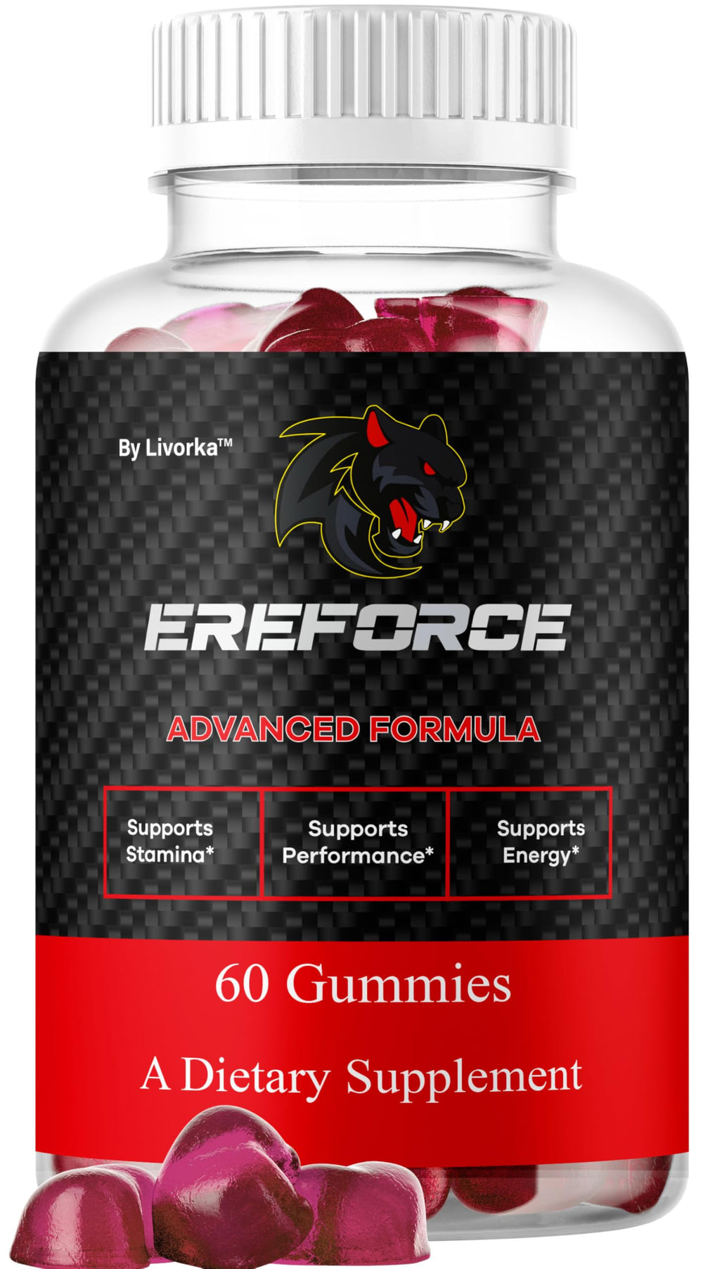 LIVORKA Ereforce gummies bottle front showing premium men’s wellness support