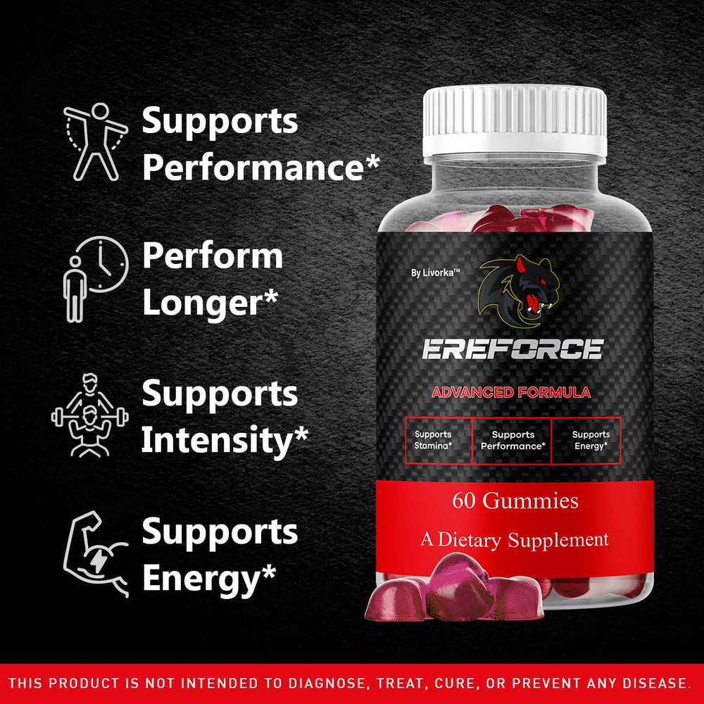 LIVORKA Ereforce Gummies bottle closeup highlighting soft, chewy texture benefits.