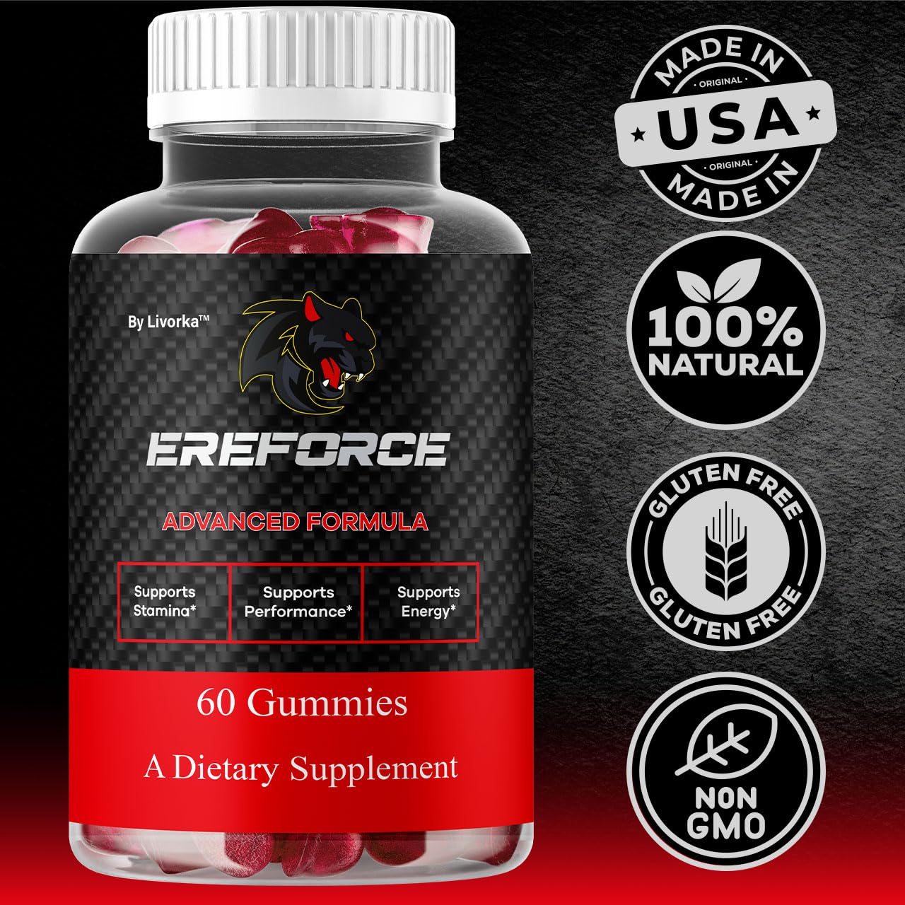 LIVORKA Ereforce Gummies back pack view with serving guidance visible.
