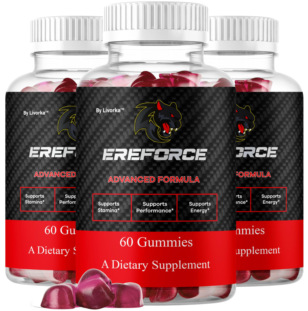 LIVORKA Ereforce gummies pack-front for convenient three-month supply.