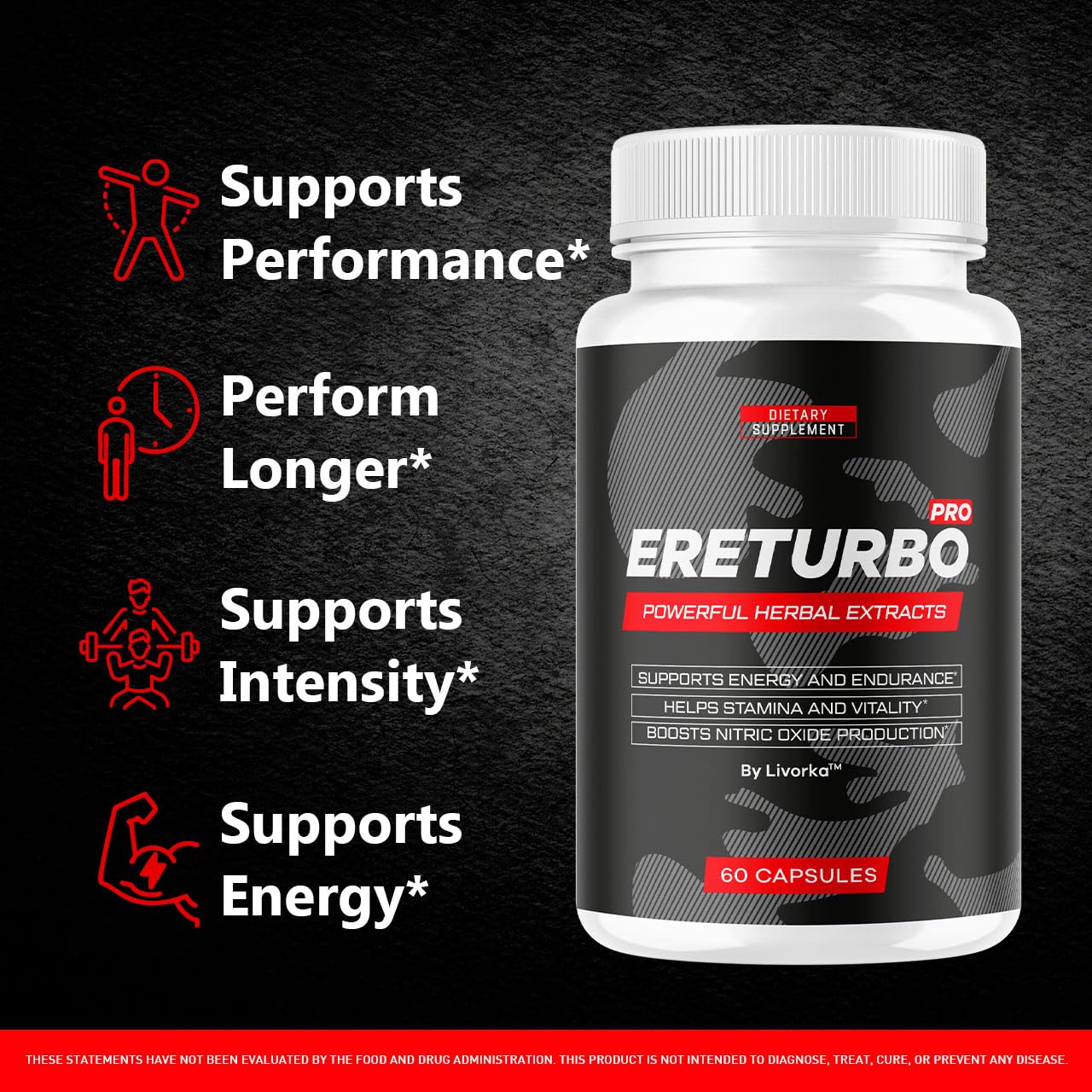 LIVORKA Ereturbo Pro pills bottle side view highlights compact daily capsules.