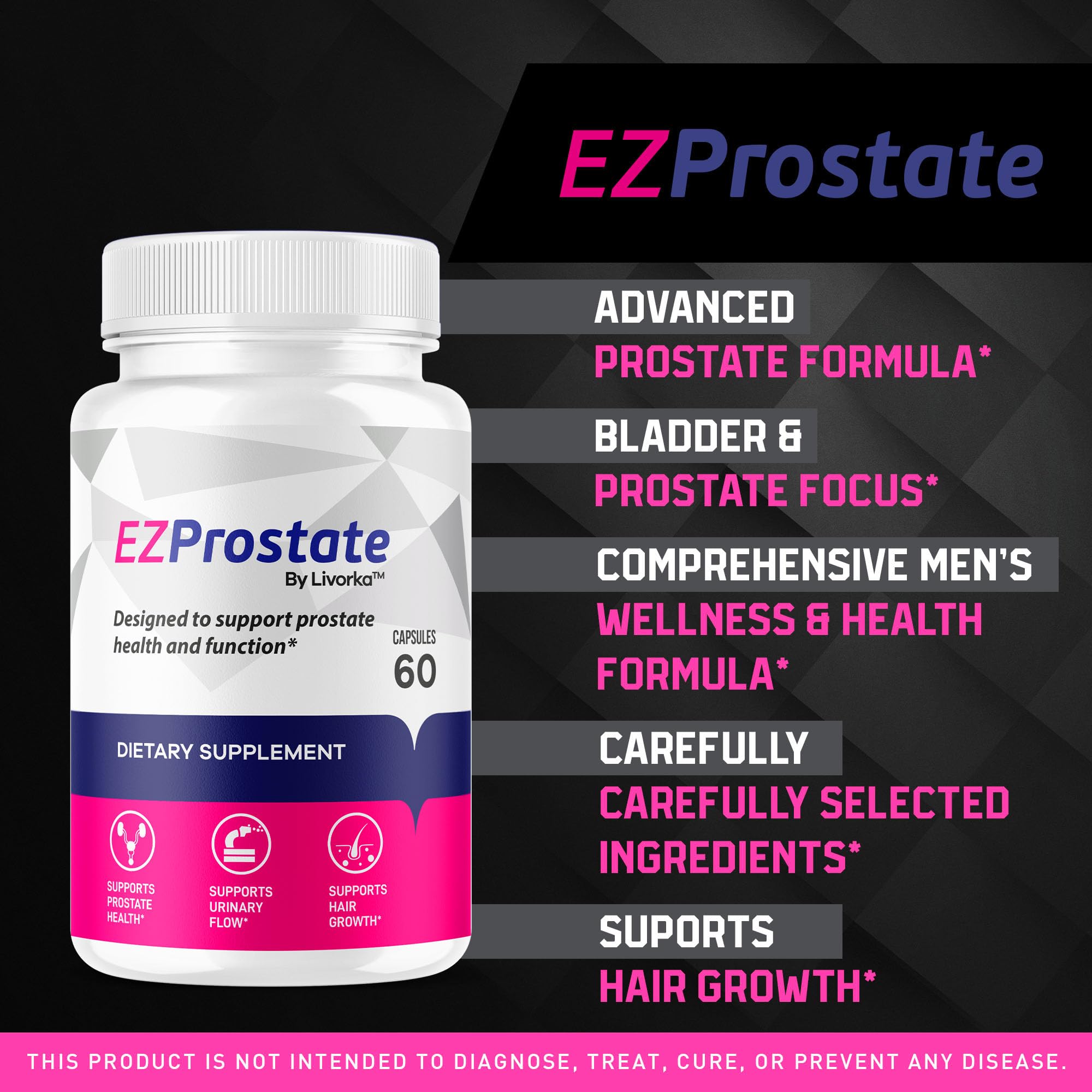 LIVORKA EZ Prostate Capsules closeup, easy-to-swallow daily capsules.
