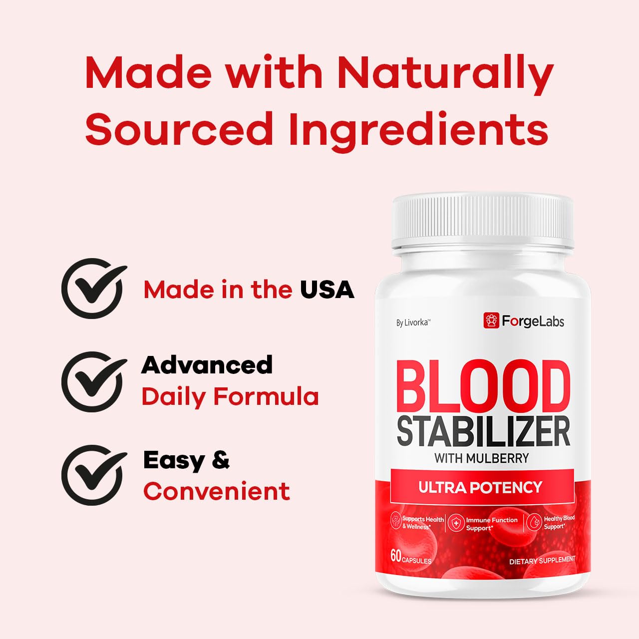 LIVORKA Forge Labs Blood Stabilizer bottle back with dosage info.
