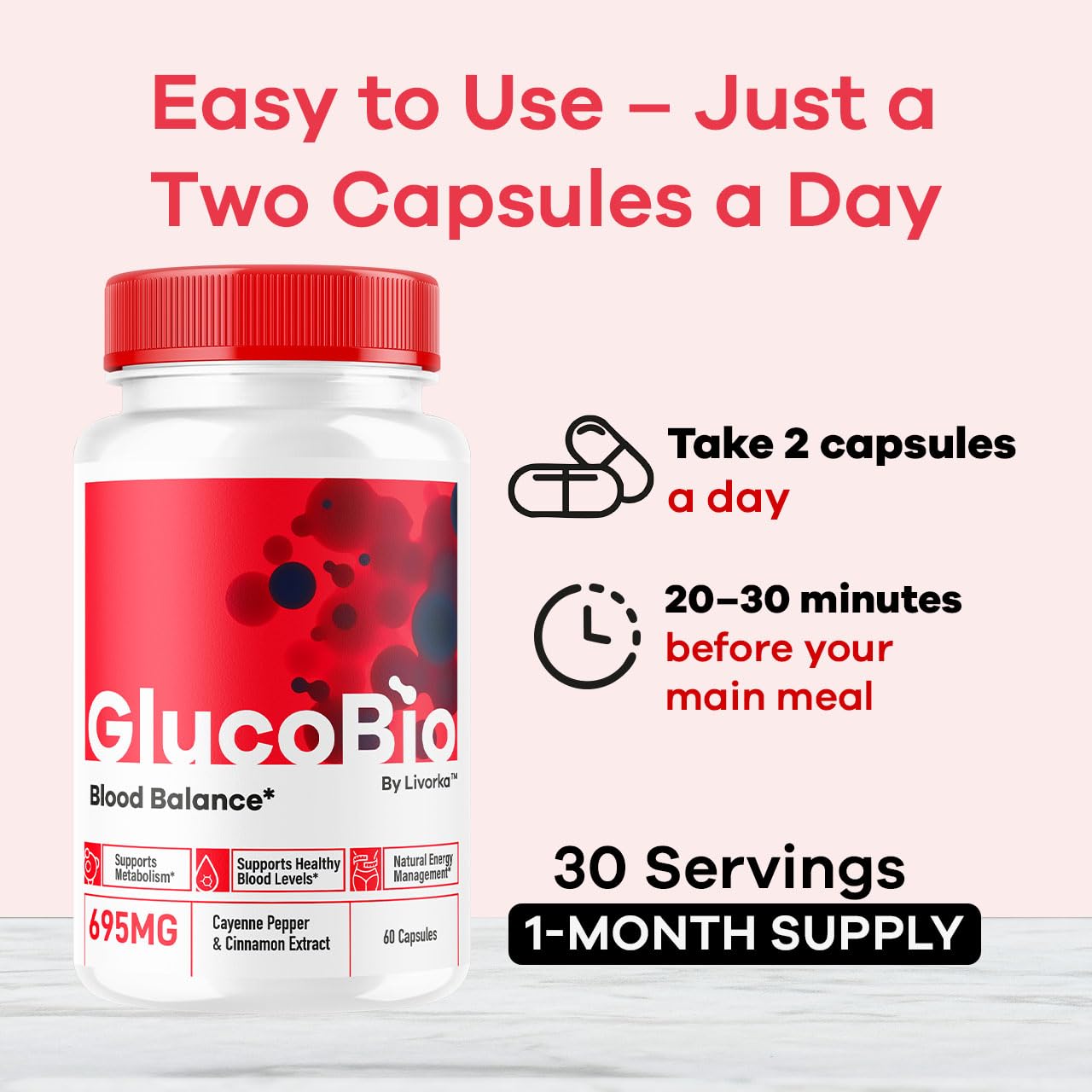 LIVORKA GlucoBio capsules label close-up with product details.