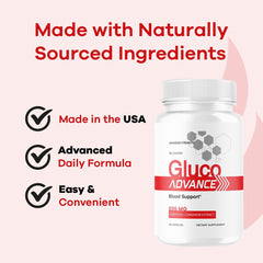 Gluco Advance capsules with water to illustrate daily intake.