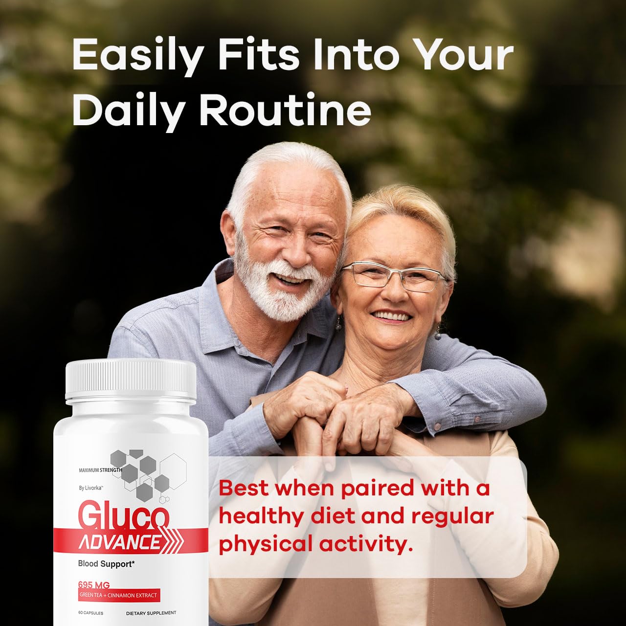 LIVORKA Gluco Advance in-use scene with water for daily intake.