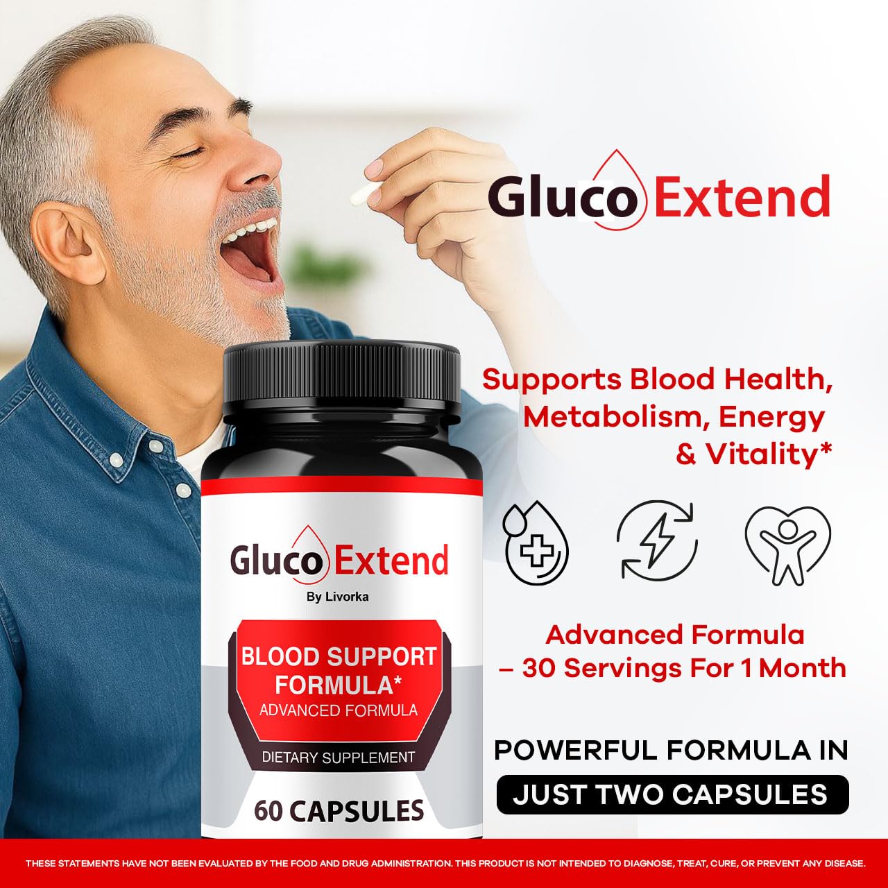 LIVORKA Gluco Extend bottle back view showing ingredients and directions.