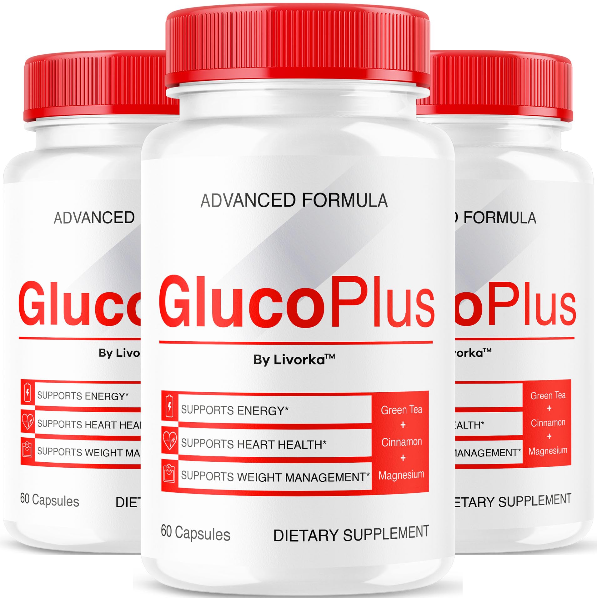 LIVORKA Gluco Plus bottle front showing 60 capsules for daily vitality