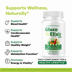 GlucoElixir Pro bottle label with key benefits and US manufacturing tag