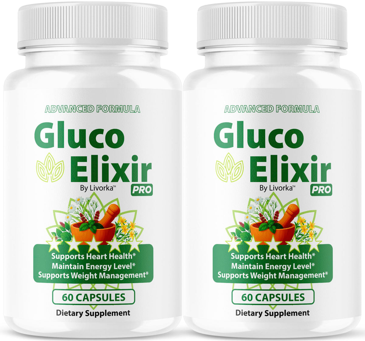 LIVORKA GlucoElixir Pro capsule bottle close-up for daily wellness.