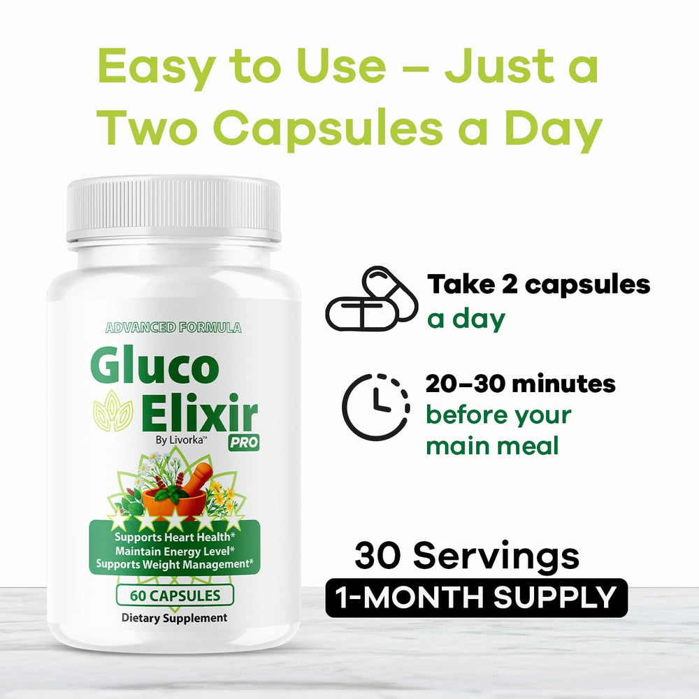 Nourishing LIVORKA label on GlucoElixir Pro bottle emphasizing quality.