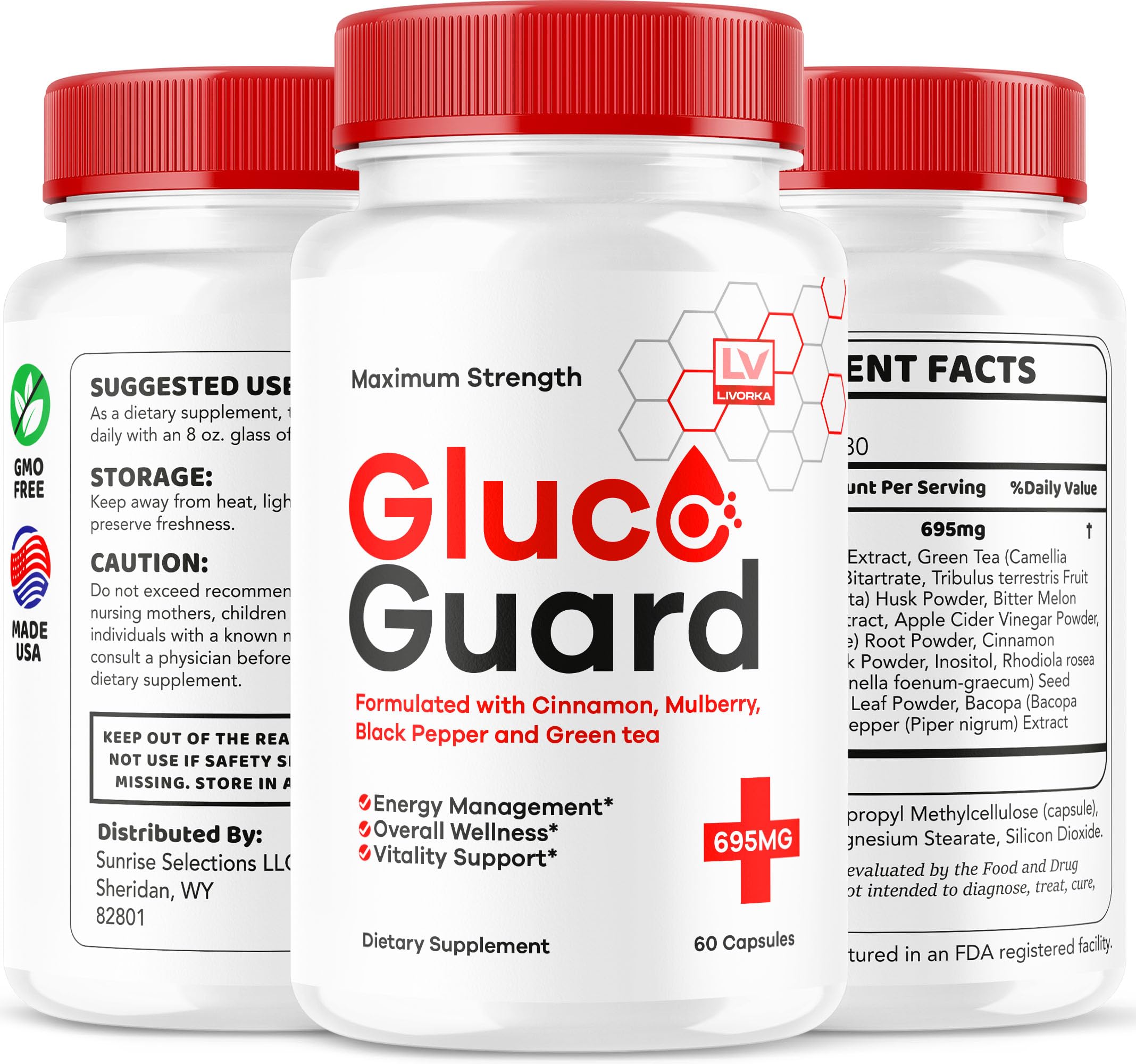 LIVORKA GlucoGuard bottle with glass of water and fruit garnish.