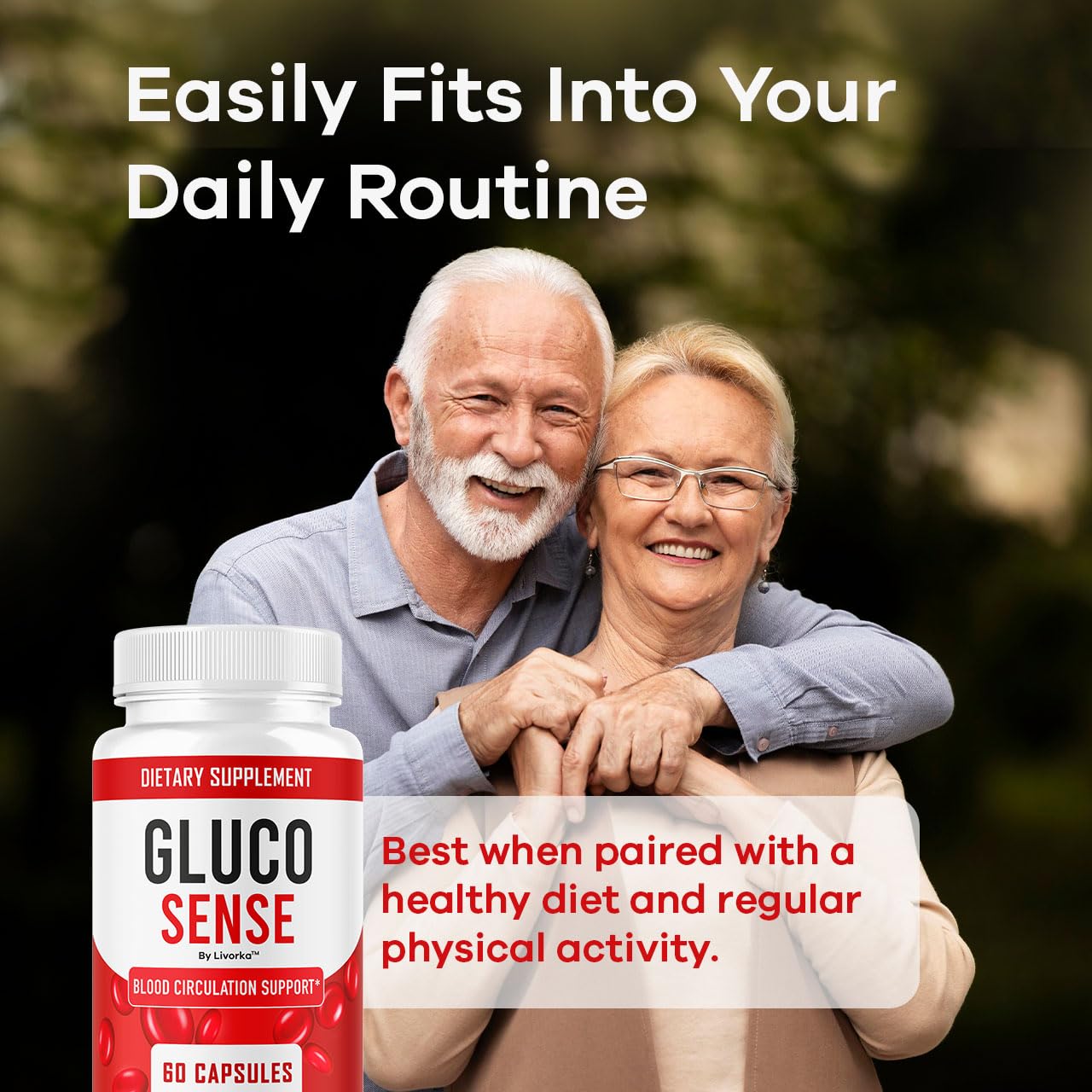 LIVORKA GlucoSense bottle on countertop suggesting easy daily use