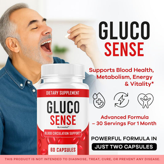 LIVORKA GlucoSense capsules close-up highlighting a natural formula for daily well-being