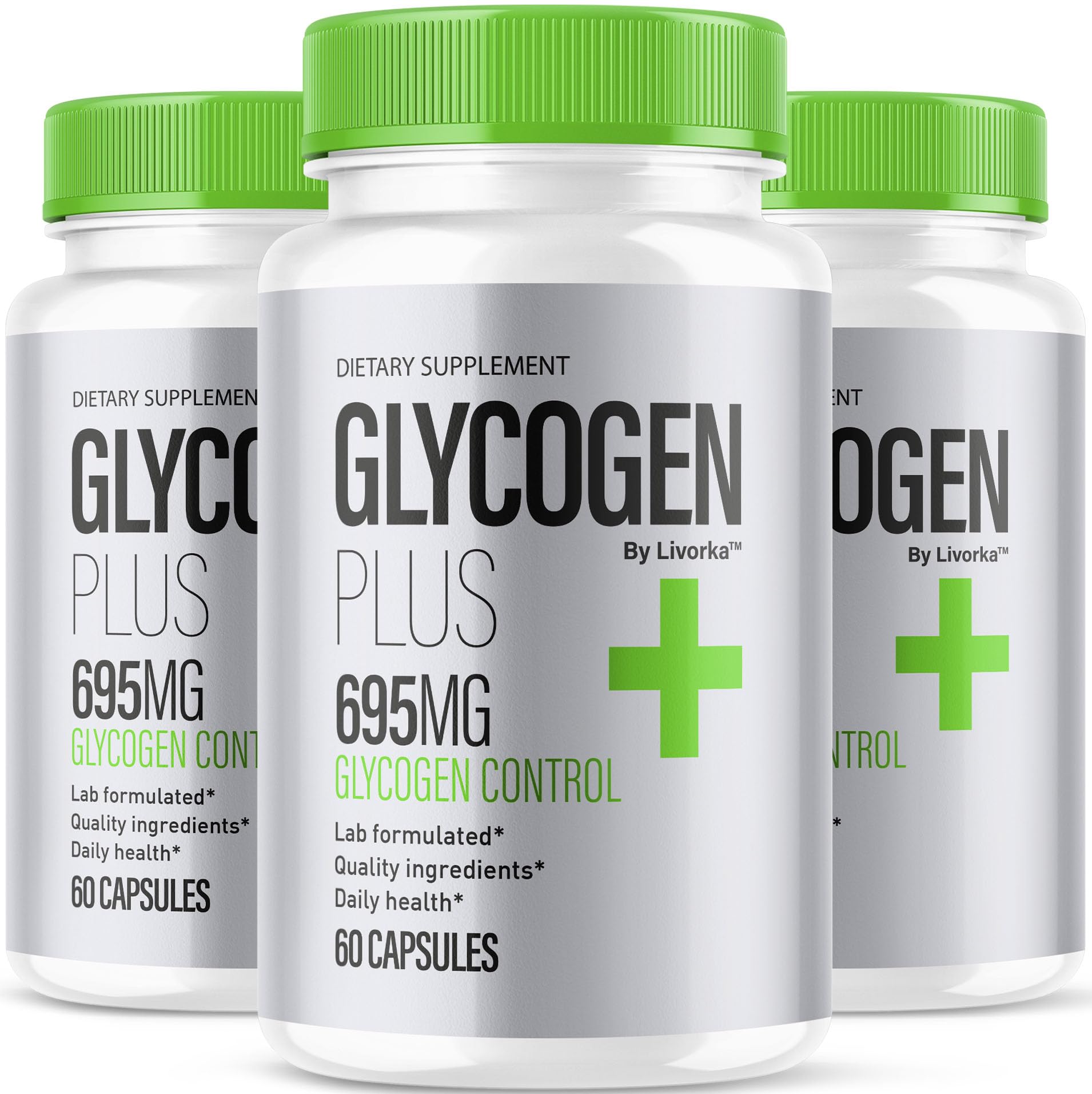 LIVORKA Glycogen Plus 3-Pack bottle front showing an all-natural wellness formulation.