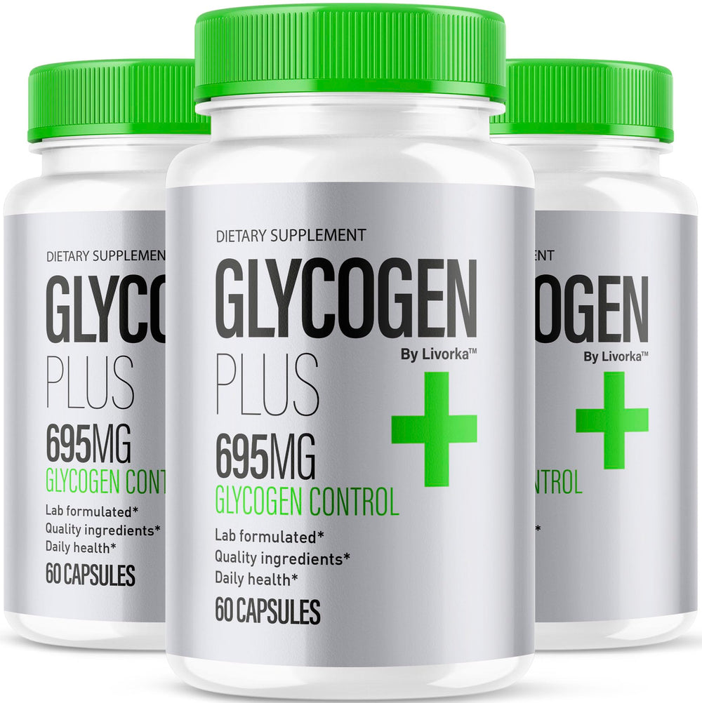 LIVORKA Glycogen Plus 3-Pack bottle front showing an all-natural wellness formulation.