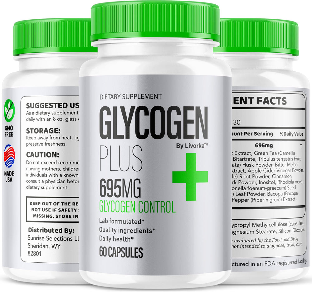 LIVORKA Glycogen Plus 3-pack mockup with a glass of water.